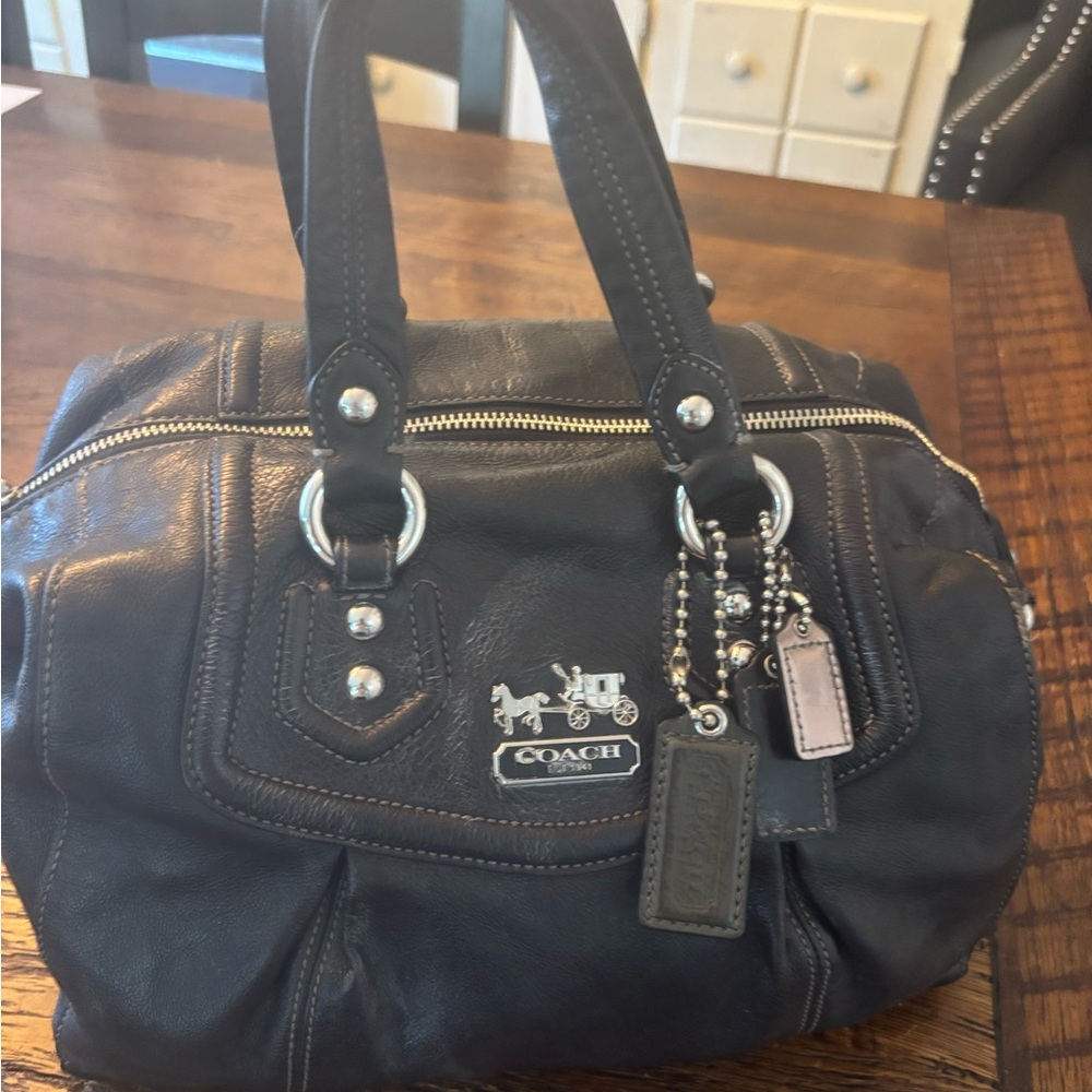 Coach Black Leather Satchel with Silver Accents 12” by 11”